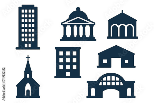 Dark blue silhouette icons of various public and commercial buildings