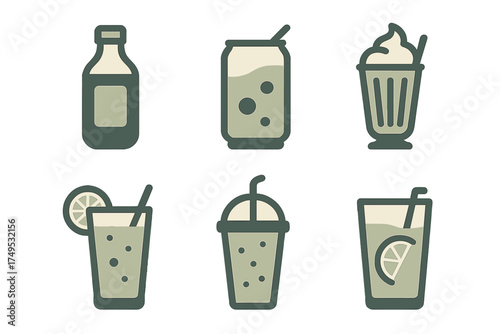 Six stylized icons of cold beverages including soda, milkshake, and citrus drinks