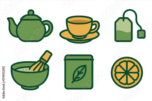 Green and yellow icons for tea preparation and serving elements