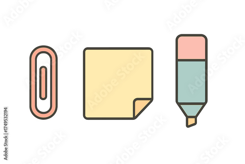 Office stationery icons including paperclip sticky note and highlighter