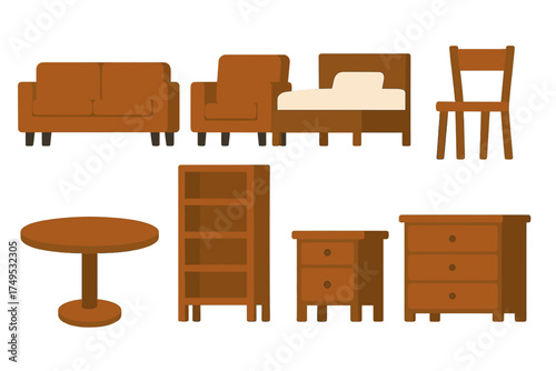 Assortment of brown wooden furniture icons for living room and bedroom settings