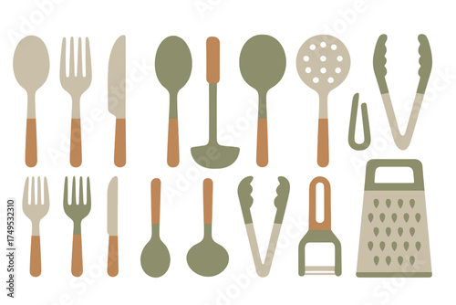 Assortment of kitchen utensils and flatware with muted color palette
