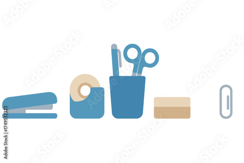 Collection of blue and beige office supply icons on a clean white background