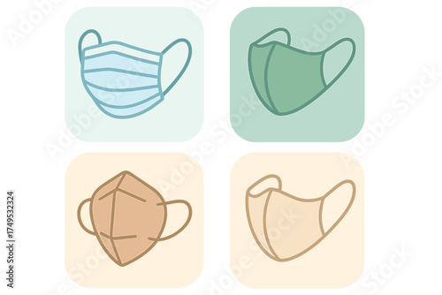 Four protective face mask icons in soft pastel color palette