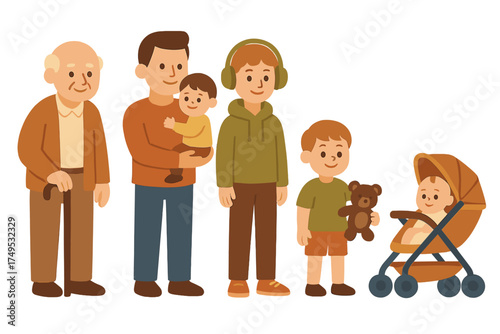 Progression of male life stages from infancy to senior age