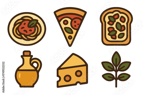 Collection of stylized icons representing Italian food ingredients and dishes