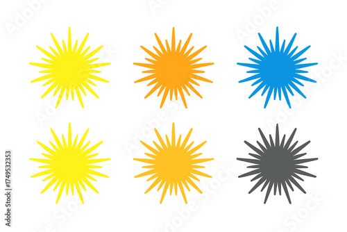 Six stylized sun or star burst shapes in vibrant colors
