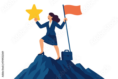 Determined businesswoman reaching mountain summit holding flag and star