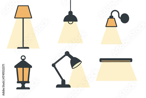 Assortment of illuminated light fixtures and various lamp icons