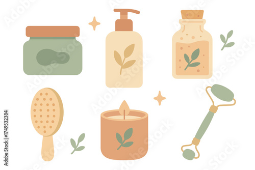 Natural beauty and spa treatment accessories collection with soft colors
