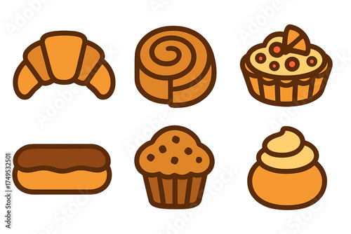 Collection of sweet baked goods icons featuring croissant, cinnamon roll, and muffin