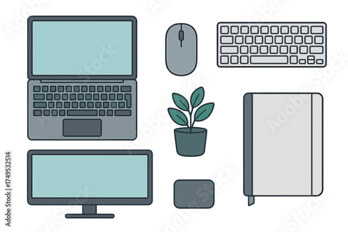 Modern icons for office and home workspace technology equipment