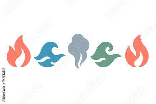 Stylized icons representing four classical elements fire water and air