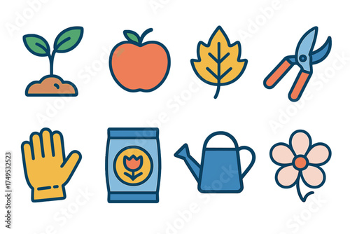 Colorful icons representing gardening tools, plants, and agriculture elements