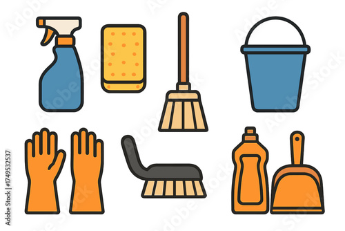 Colorful icons representing various household cleaning supplies and chore tools
