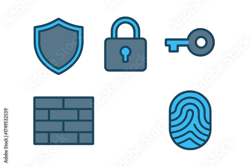 Set of digital security and protection icons featuring shield lock key firewall and fingerprint