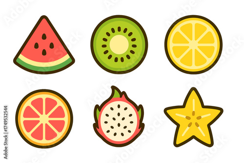 Six colorful tropical and citrus fruit slices icons