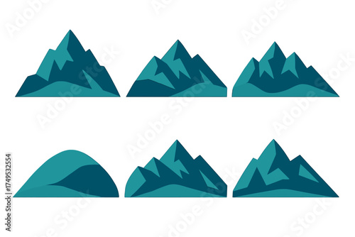 Stylized blue and teal mountain range icons and shapes collection