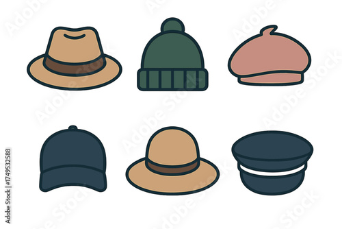 Set of six different headwear icons including fedora, beanie, and caps