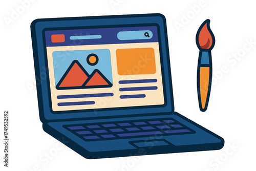 Laptop screen displaying image gallery beside digital art brush