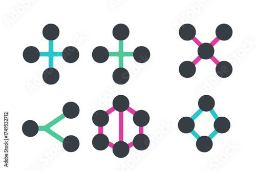 Abstract node and connection diagrams illustrating network concepts and data flow