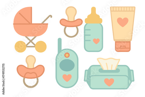 Pastel colored icons for baby care and infant feeding essentials