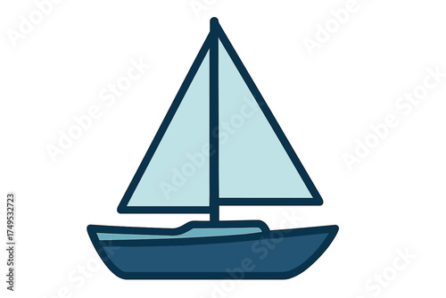 Simple sailboat icon with dark blue hull and light blue sails