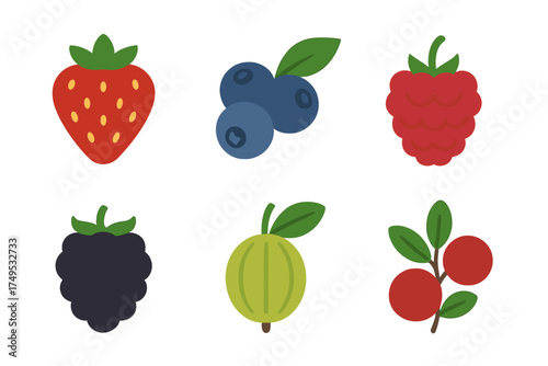 Six colorful flat style icons of common berries like strawberry, blueberry, and raspberry