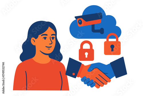 Woman reviewing digital data security agreement and surveillance concept