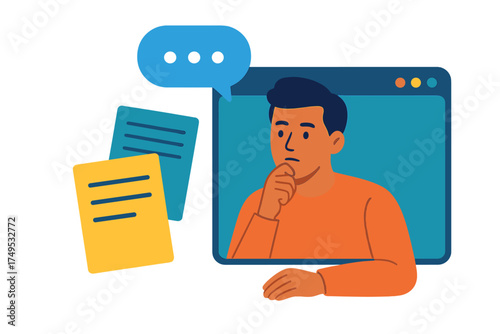 Thoughtful man during online consultation with digital documents nearby