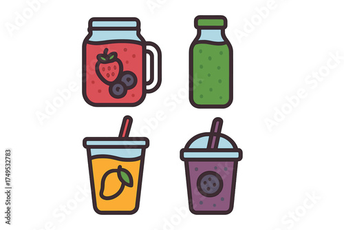 Colorful fruit smoothie and juice drink icons in various containers