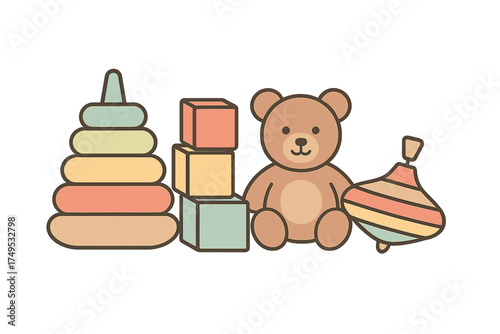 Assortment of classic baby toys including stacking rings, blocks, teddy bear, and spinning top