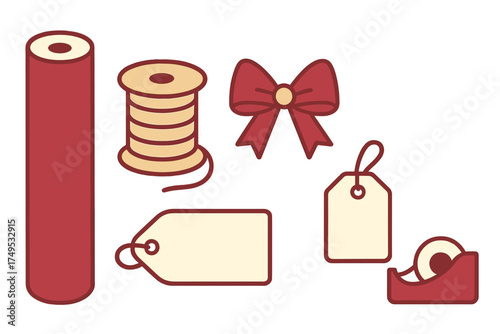 Set of holiday gift wrapping supplies including paper roll, decorative bow, twine, and blank tags