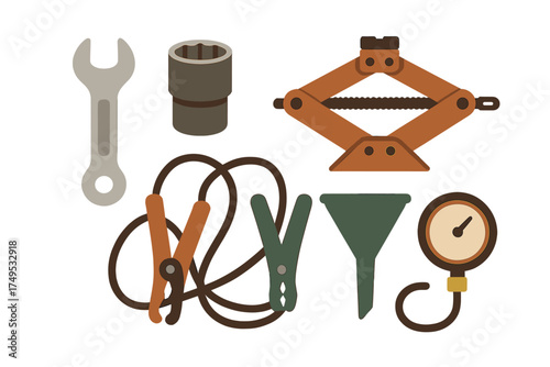 Essential automotive repair and maintenance tools including wrench, jack, jumper cables, and gauge