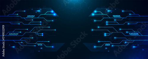 Abstract tech design with glowing blue circuit board lines and nodes. Futuristic digital technology background for software development, AI, and data analysis.