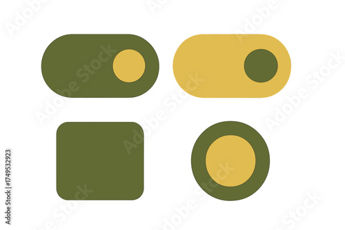 Minimalist geometric shapes set with toggle switches and basic forms in olive green and mustard yellow