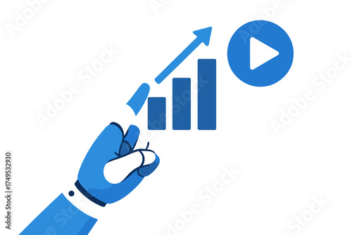 Robotic hand interacting with a rising bar graph and video play button icon representing AI driven media performance