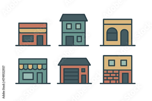 Colorful flat style icons of commercial buildings and residential houses