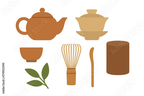 Traditional Japanese tea ceremony utensils set: teapot, whisk, scoop, and leaves