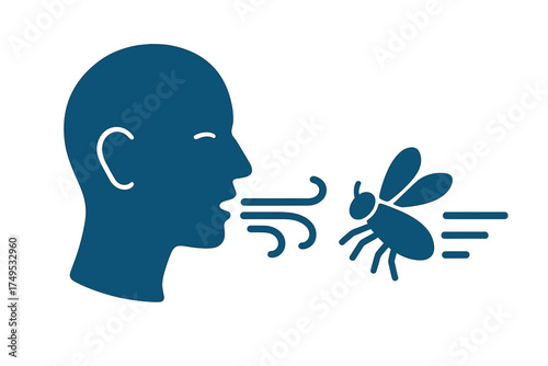Human head profile blowing a stream of air towards a flying insect pest like a mosquito