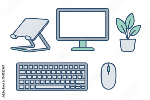 Desktop accessories set including computer monitor keyboard mouse ergonomic stand and potted plant