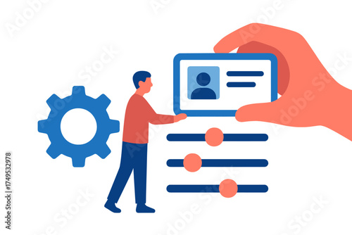 Person managing digital identity and profile settings using configuration gear and interface adjustment sliders