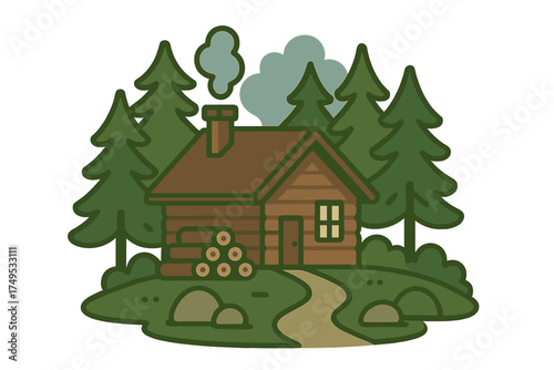Rustic wooden log cabin in a dense pine forest clearing with smoke rising from the chimney and firewood stack