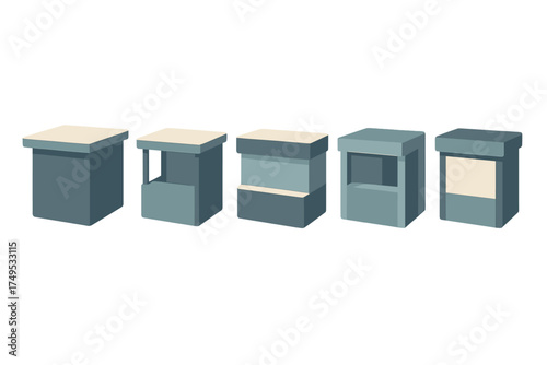Collection of five modern minimalist side tables or storage units in blue and beige colors