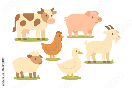 Cute domestic farm animals collection featuring cow, pig, goat, sheep, chicken, and duck standing on grass