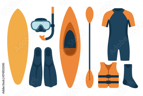 Essential water sports and summer recreation equipment set including surfboard, kayak, and snorkel gear