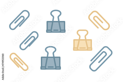Office stationery seamless pattern with paper clips and binder clips on white