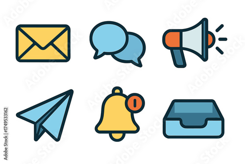 Set of digital communication and notification icons including mail, chat, megaphone, send, alert, and inbox symbols