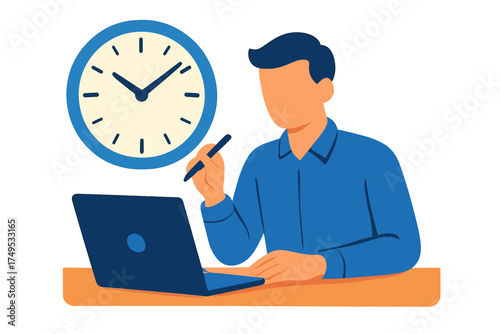 Professional working on a laptop near a large clock symbolizing time management and productivity