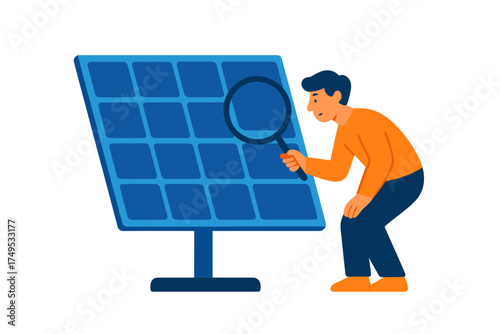 Technician inspecting solar panel system using a magnifying glass for quality control and maintenance